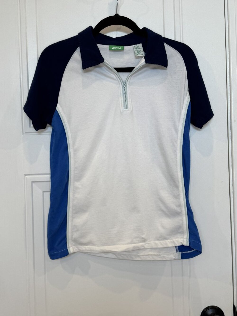 Vintage Prince Sportswear Zip-Front Polo Shirt M White w/ Blue Contrast EUC 90s